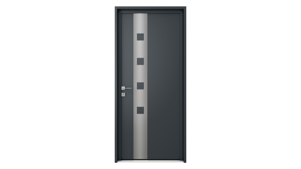 Porte d'entrée aluminium HYDRA 2 Porte d'entrée grise avec décor inox vertical composé de petits carrés